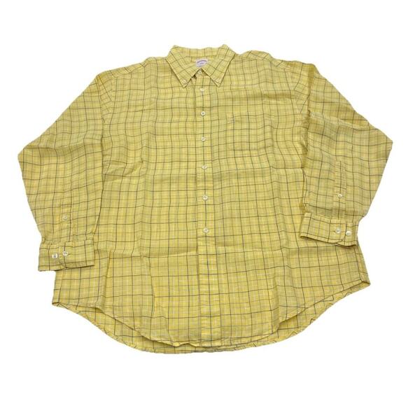 Brooks Brothers Men’s The Original Polo Shirt Linen Yellow Plaid Size Large - Picture 1 of 8